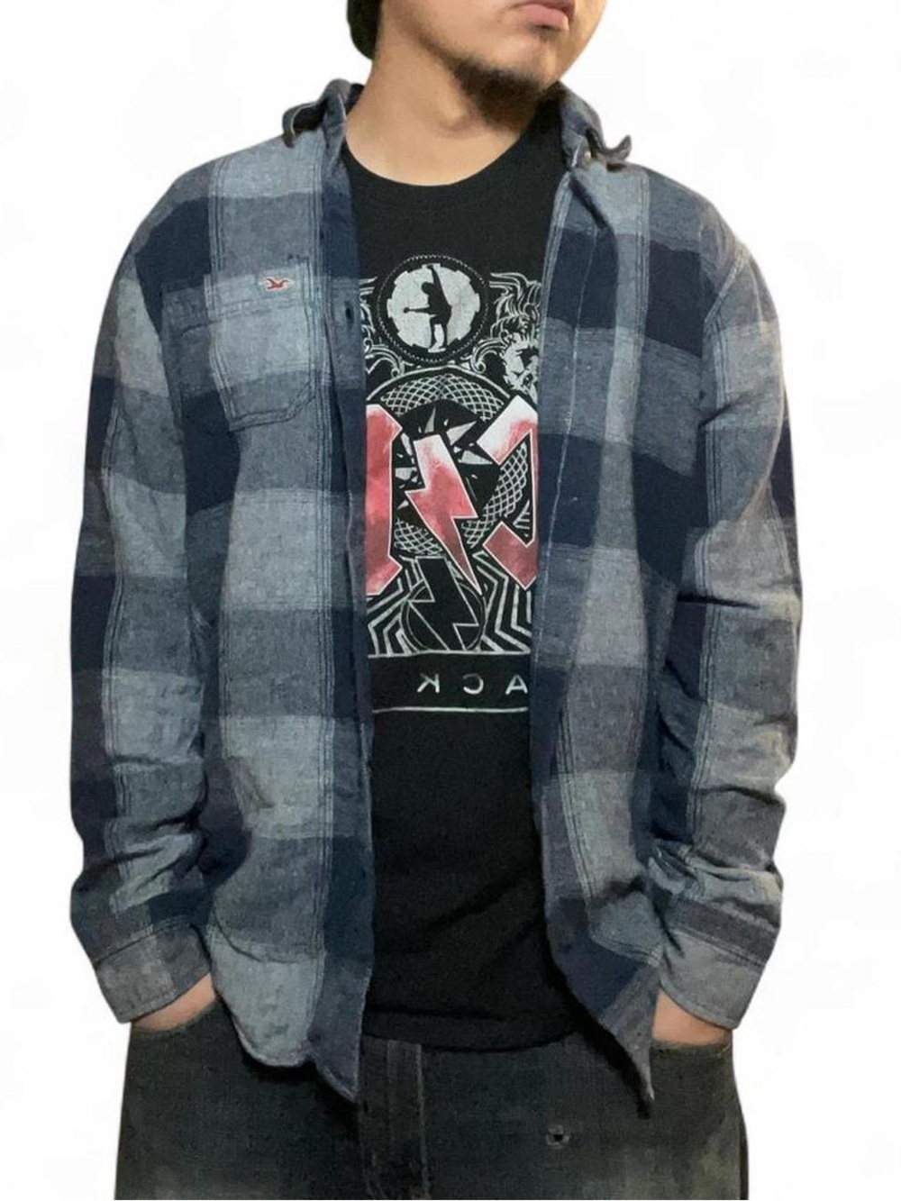 Hollister Navy and Grey Buffalo Check Plaid Flannel Button Down‎ Shirt Size S